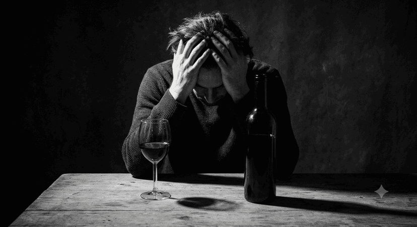Un homme désespéré assis à une table en bois dans une pièce faiblement éclairée. Il a ses mains dans ses cheveux, la tête baissée, et semble souffrir. Sur la table devant lui se trouvent une bouteille de vin rouge ouverte, un verre à moitié plein de vin rouge.
